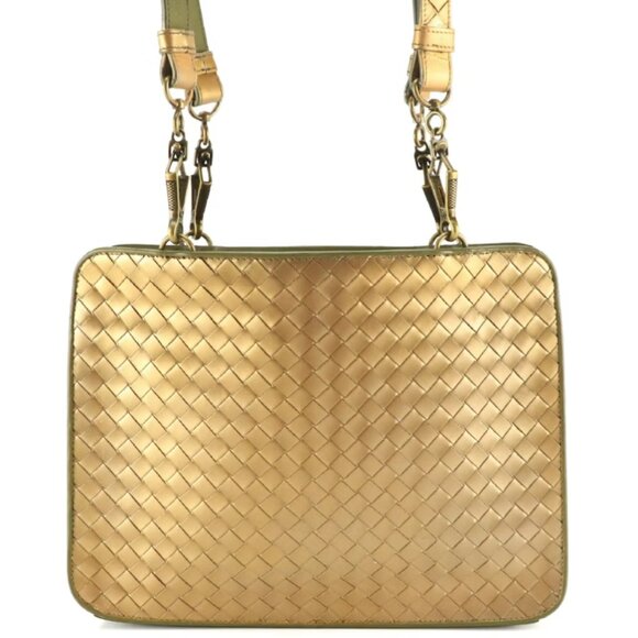 Authentic Bottega Veneta Flat Shoulder Bag - Golden Metallic Intrecciato Leather - Picture 1 of 16